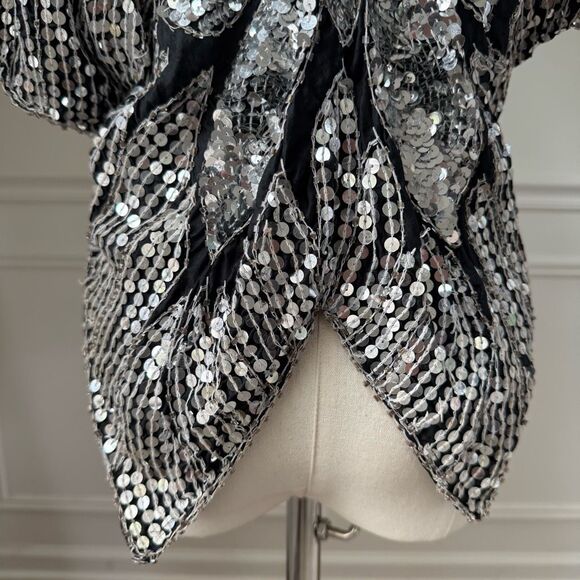 Vintage 70s 80s Silk Silver Sequins Butterfly Crop Top XS S - Picture 6 of 9